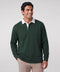 A dark green rugby polo with a white collar, shown on a plain background.