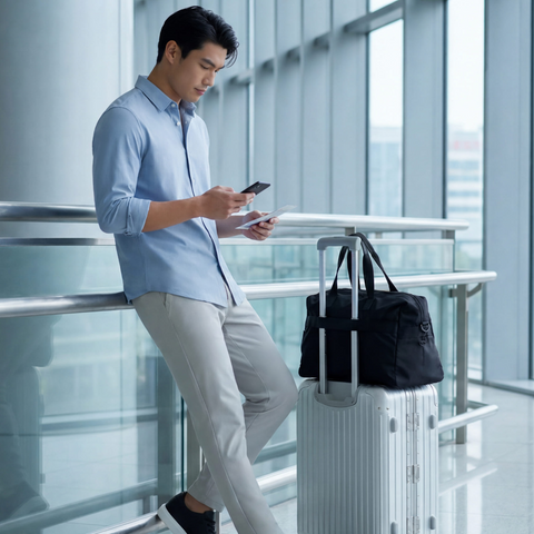 Man in a light blue shirt and light gray pants checking his phone beside a suitcase and duffel in an airport