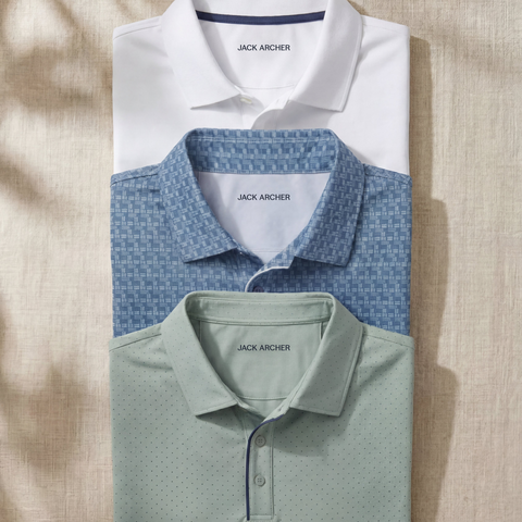 The Clubhouse Polo 3-Pack displaying three polo color options