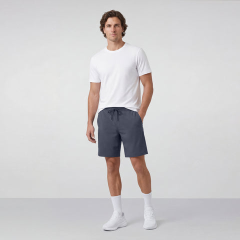 The Atlas Short 8 inch in Slate Blue shown from the side on a model