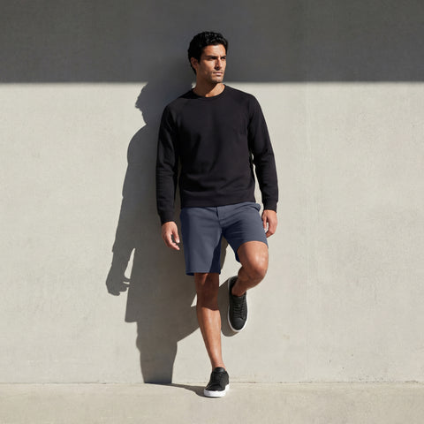 Man in the Atlas Short 8 inch Slate Blue in an outdoor setting