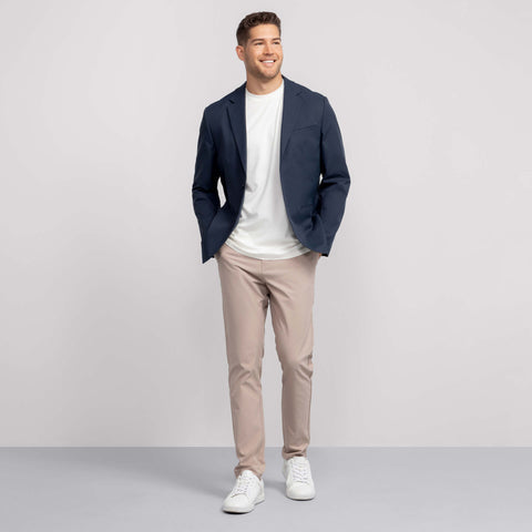 The Jetsetter Blazer in Deep Blue worn by a model