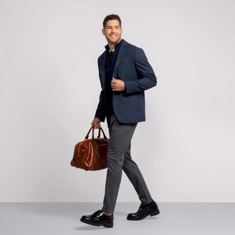 The Jetsetter Blazer in Deep Blue worn outdoors