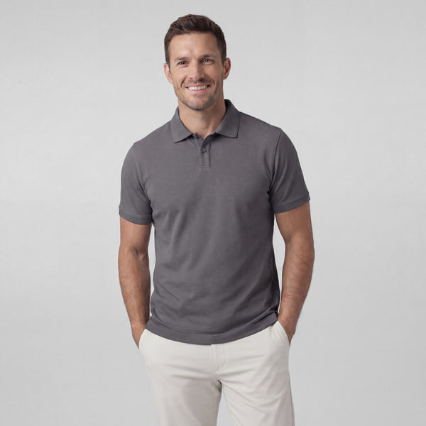 A man wearing the Clubhouse Pique Polo in Charcoal Gray