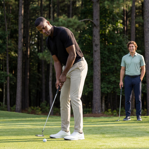 On a tree-lined golf course, one man putts in Jack Archer's Clubhouse Pique Polo in True Black and beige pants, while another, dressed in a light green four-way stretch polo and navy pants, watches from behind holding a club.