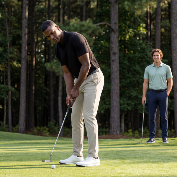 On a tree-lined golf course, one man putts in Jack Archer's Clubhouse Pique Polo in True Black and beige pants, while another, dressed in a light green four-way stretch polo and navy pants, watches from behind holding a club.