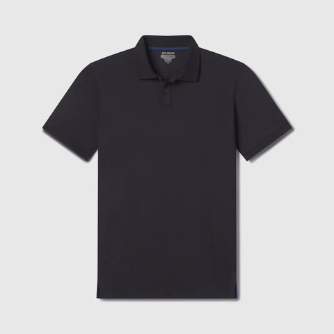 The Jack Archer Clubhouse Pique Polo in True Black features short sleeves, a collar, and three buttons with moisture management, shown on a light gray background.