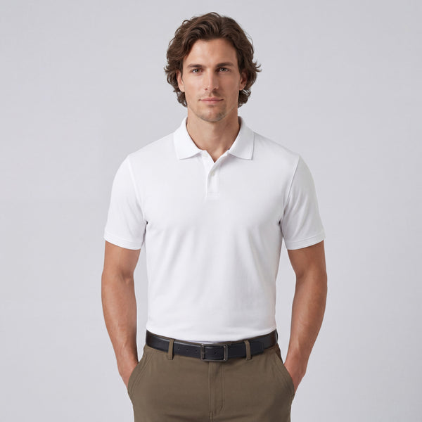 A man wearing the Clubhouse Pique Polo in True White