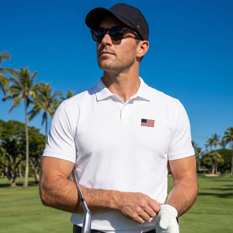 A man wearing the Clubhouse Pique Polo outdoors.