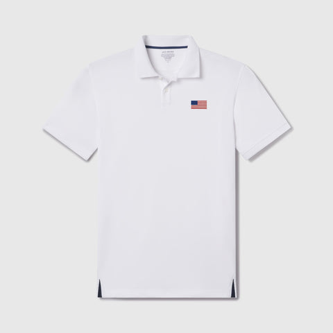 The Clubhouse Pique Polo USA Flag in True White, flat lay.