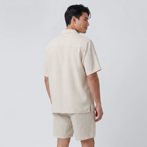 The Getaway Linen Shirt in Canvas worn outdoors