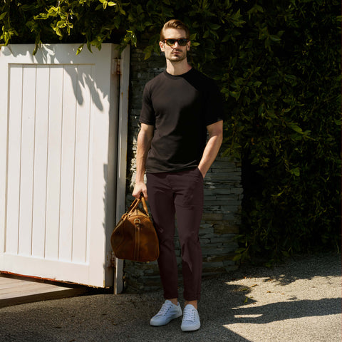 A model wearing the Jetsetter Tech Pant Slim Fit in Bourbon Brown, seated.