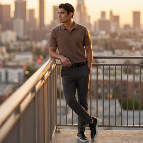 A man wearing the Jetsetter Tech Pant Slim Fit in Charcoal Gray