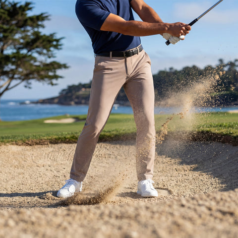 A man wearing the Jetsetter Tech Pant Slim Fit in Oak Khaki