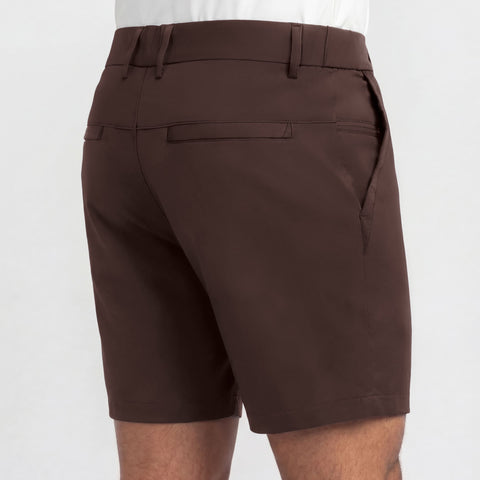 Back view of the Jetsetter Tech Short 7 inches in Bourbon Brown