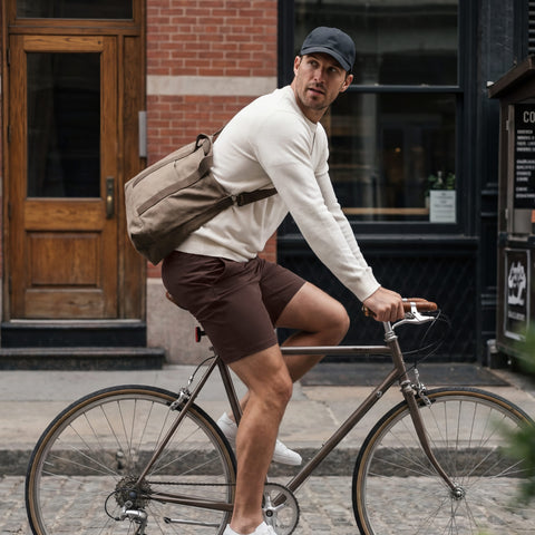 Lifestyle shot of the Jetsetter Tech Short 7 inches in Bourbon Brown
