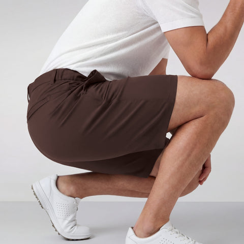 The Jetsetter Tech Short 7 inches in Bourbon Brown, folded flat