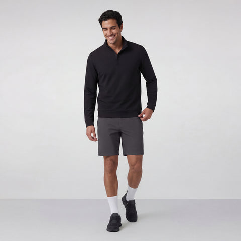 The Jetsetter Tech Short 7 in Charcoal Gray, flat lay on white background.