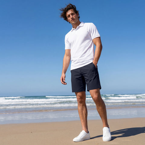 A man in the Jetsetter Tech Short 7" in Deep Blue in a lifestyle setting