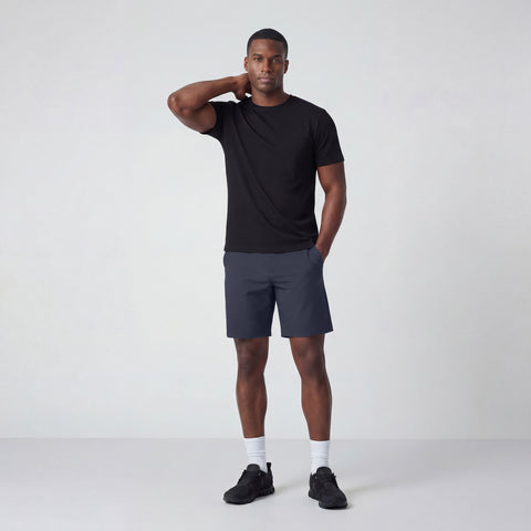 The Jetsetter Tech Short 7" in Deep Blue folded on a neutral background