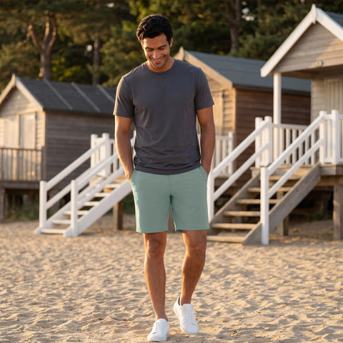 A man wearing the Jetsetter Tech Short 7 inch in Sage Green, lifestyle.
