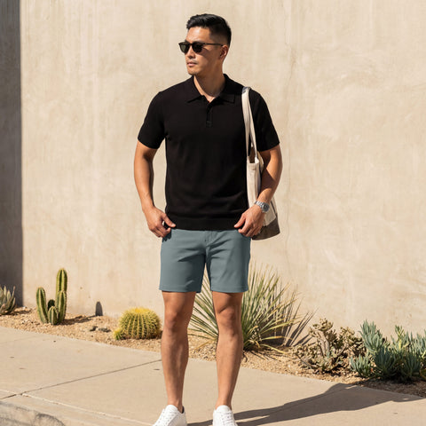 Lifestyle shot of the Jetsetter Tech Short 7 inches in Storm Green