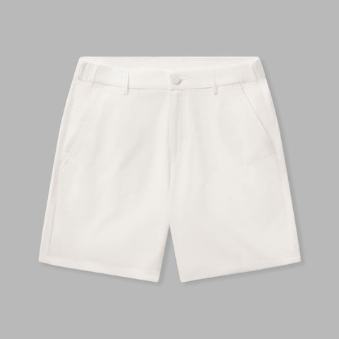 The Jetsetter Tech Short 7 inch in True White, flat lay.