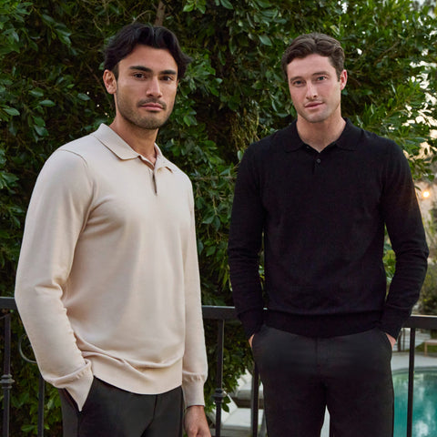 A man wearing the Legacy Polo Sweater in Beige in lifestyle setting.