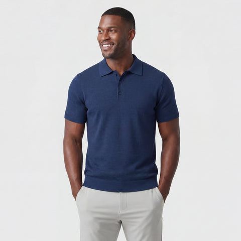 A man wearing the Legacy Resort Polo in Harbor Blue