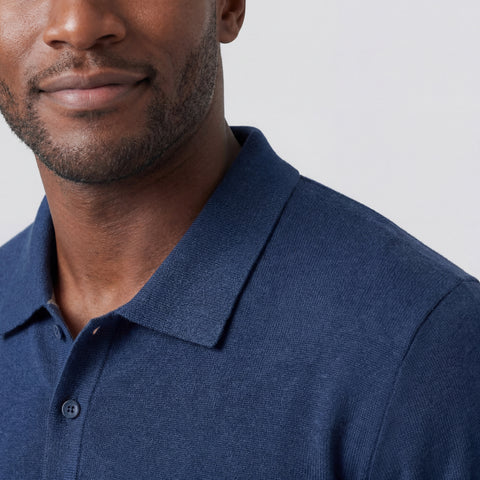 The Legacy Resort Polo in Harbor Blue worn in a casual setting