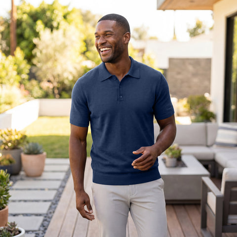 The Legacy Resort Polo in Harbor Blue in a casual lifestyle setting