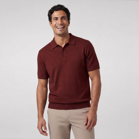 A man wearing the Legacy Resort Polo in Maroon, front model shot.