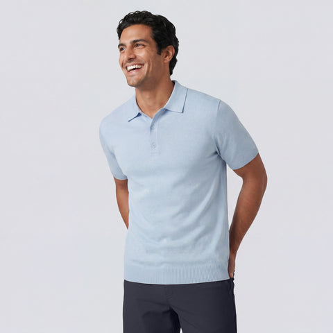 A man wearing the Legacy Resort Polo in Mist Blue, front view
