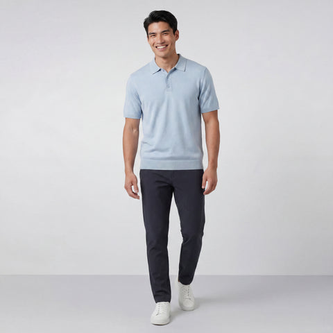 The Legacy Resort Polo in Mist Blue worn by a model