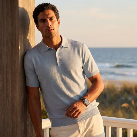 The Legacy Resort Polo in Mist Blue in a lifestyle shot