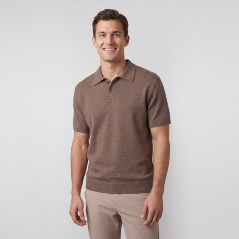 A man wearing the Legacy Resort Polo in Mocha Heather.