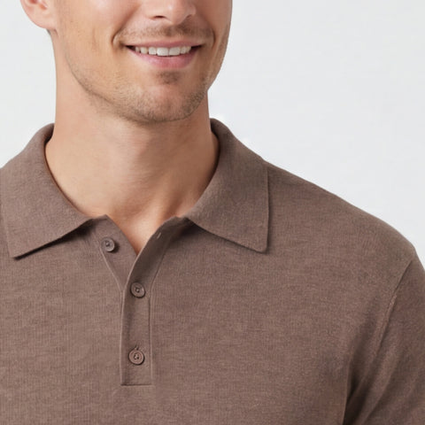 A man in the Legacy Resort Polo Mocha Heather in casual setting.
