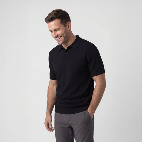 A man in the Legacy Resort Polo True Black, front view.