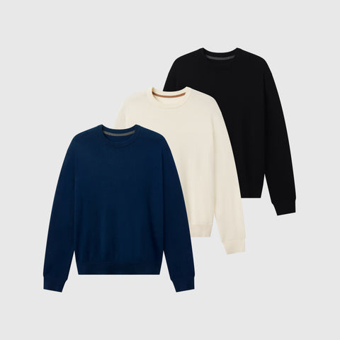 The Anytime Crewneck Sweater Pack, 3-pack bundle on a neutral background
