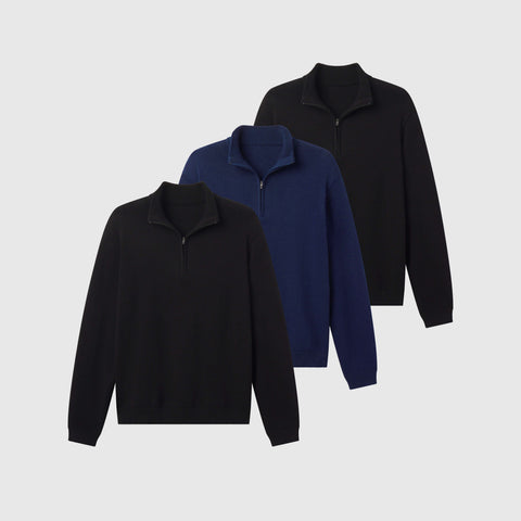 The Jetsetter Quarter-Zip Sweater Pack, 3-pack bundle on a neutral background