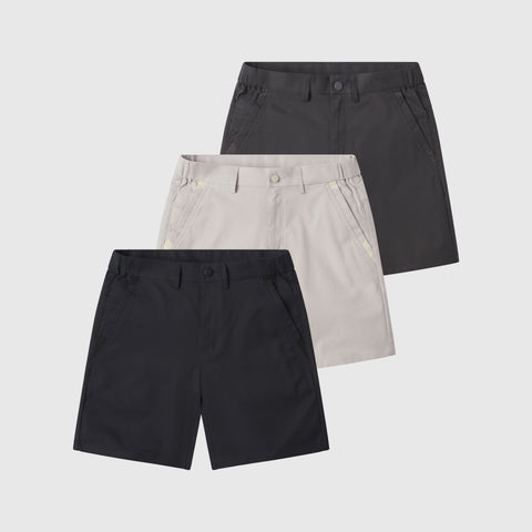 The Jetsetter Tech Short Pack, 3-pack bundle on a neutral background