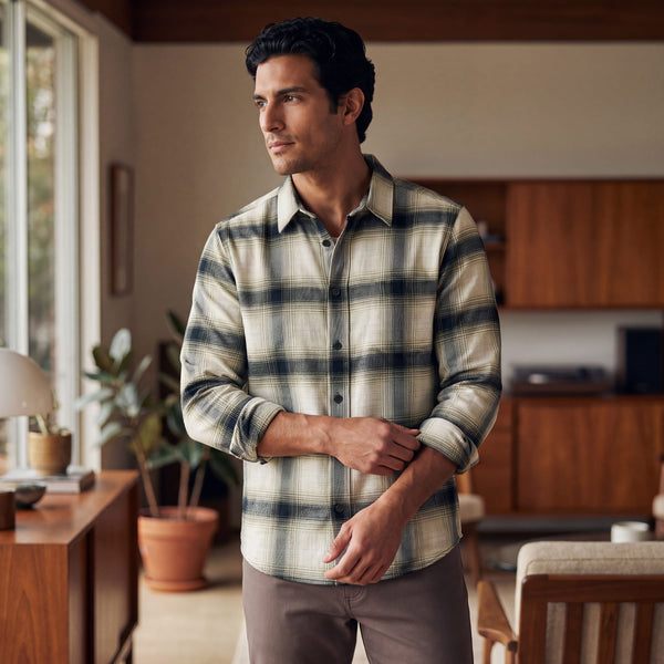 The Anytime Plaid Shirt in Blackwatch Cream Plaid, outdoor view