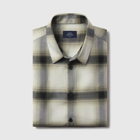 Detail of the Anytime Plaid Shirt in Blackwatch Cream Plaid