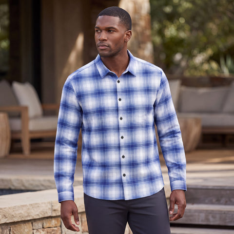 The Anytime Plaid Shirt in Navy Classic Plaid, outdoor lifestyle