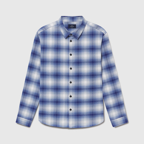 The Anytime Plaid Shirt in Navy Classic Plaid, laid flat on white