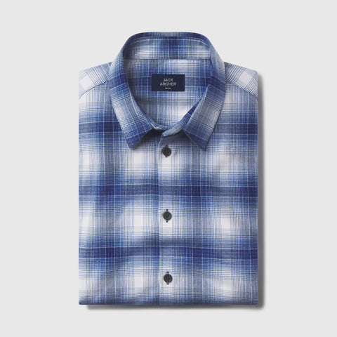 Close-up detail of the Anytime Plaid Shirt in Navy Classic Plaid