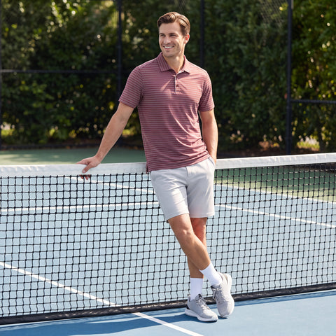 The Clubhouse Performance Polo in Maroon Stripe, outdoor lifestyle
