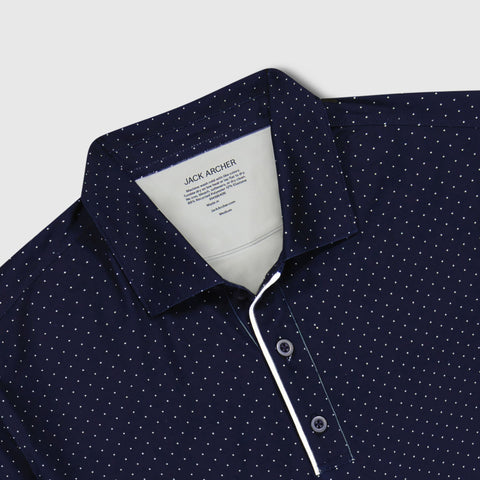 Full-length view of a man wearing the Clubhouse Performance Polo, Navy Micro Dot