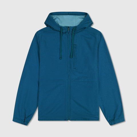 The Clubhouse Range Hooded Jacket in Pacific Blue in a lifestyle setting