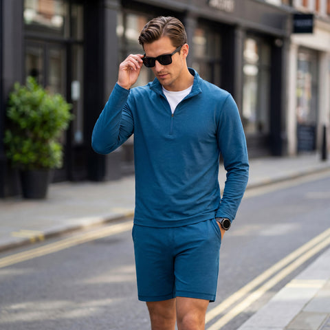 The Clubhouse Range Quarter-Zip in Pacific Blue in a lifestyle setting